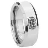8mm Masonic 32 Degree Freemason Beveled Edges Silver Tungsten Carbide Mens Anniversary Ring