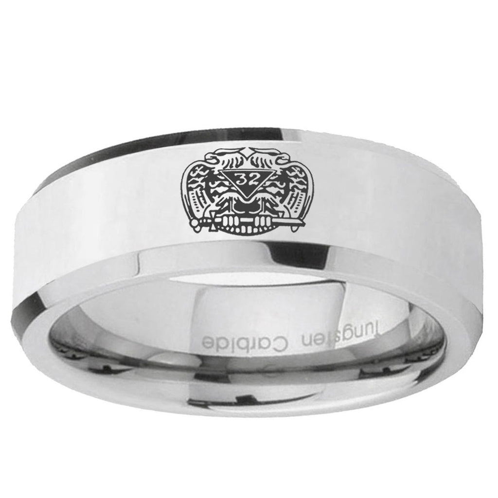 10mm Masonic 32 Degree Freemason Beveled Edge Silver Tungsten Ring