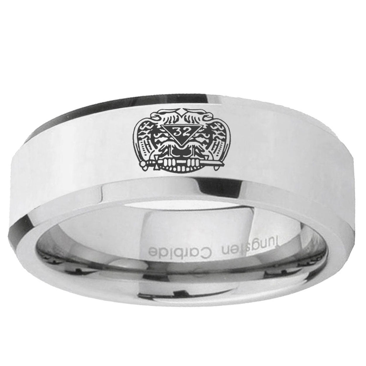 10mm Masonic 32 Degree Freemason Beveled Edge Silver Tungsten Ring