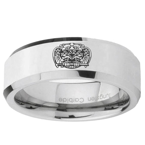 10mm Masonic 32 Degree Freemason Beveled Edge Silver Tungsten Ring