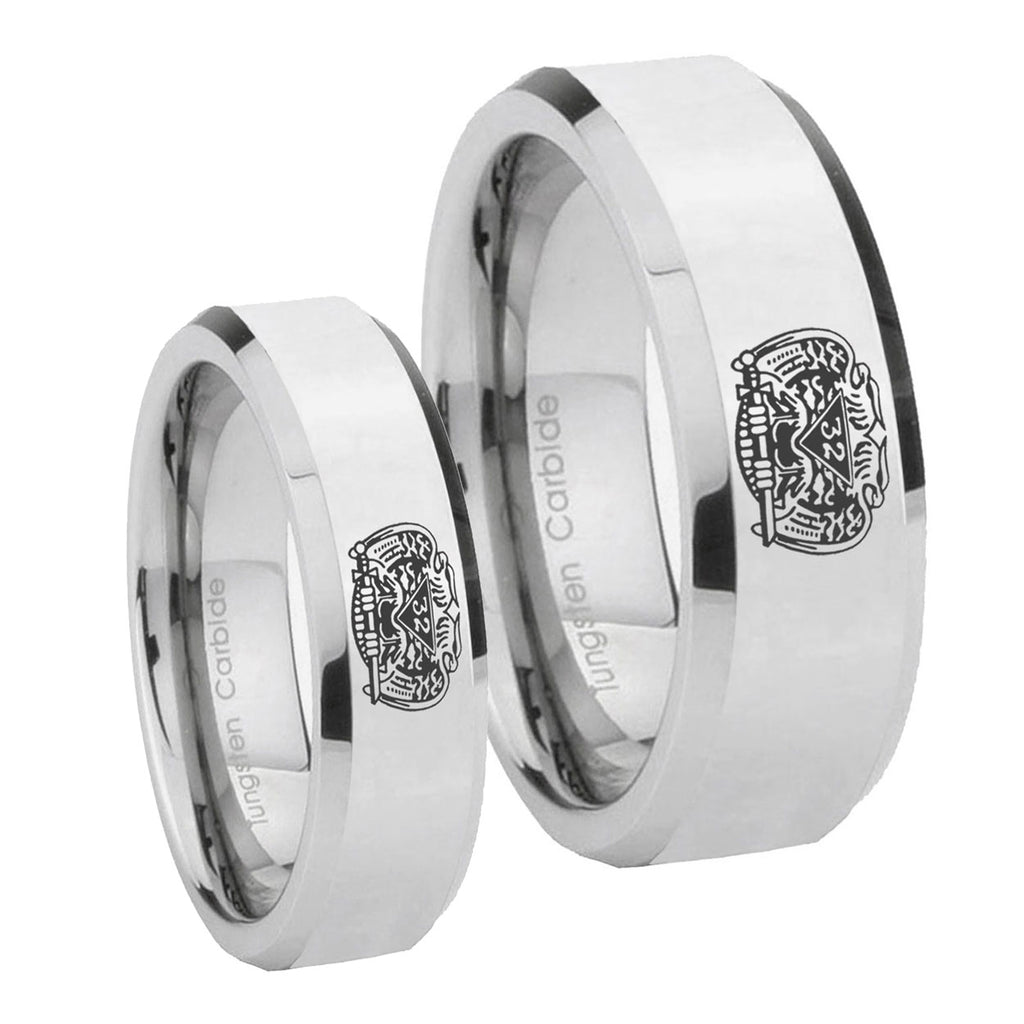 Masonic 32 Degree Freemason Beveled Edges Silver Tungsten Promise Ring Set