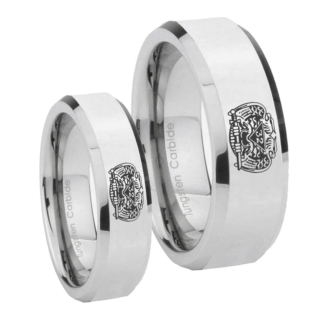 Masonic 32 Degree Freemason Beveled Edges Silver Tungsten Promise Ring Set