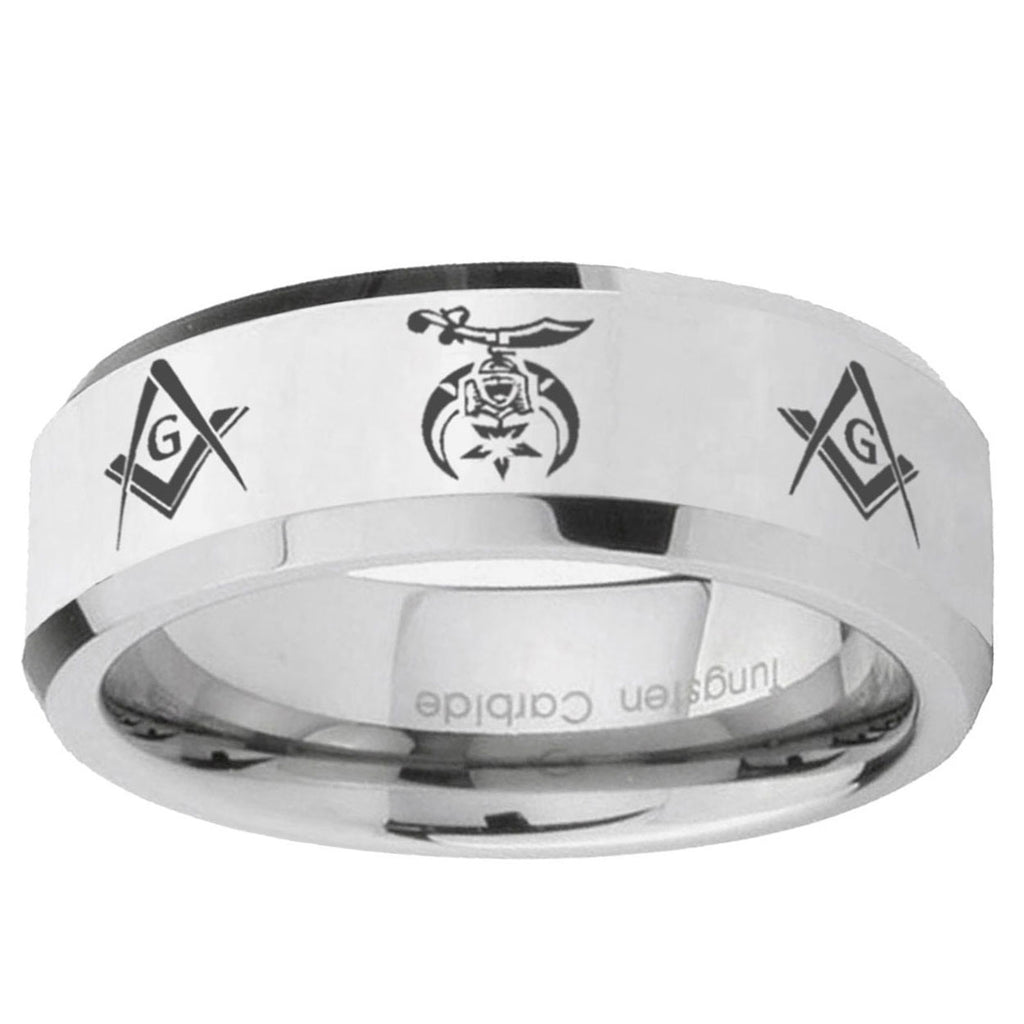 10mm Masonic Shriners Beveled Edge Silver Tungsten Ring