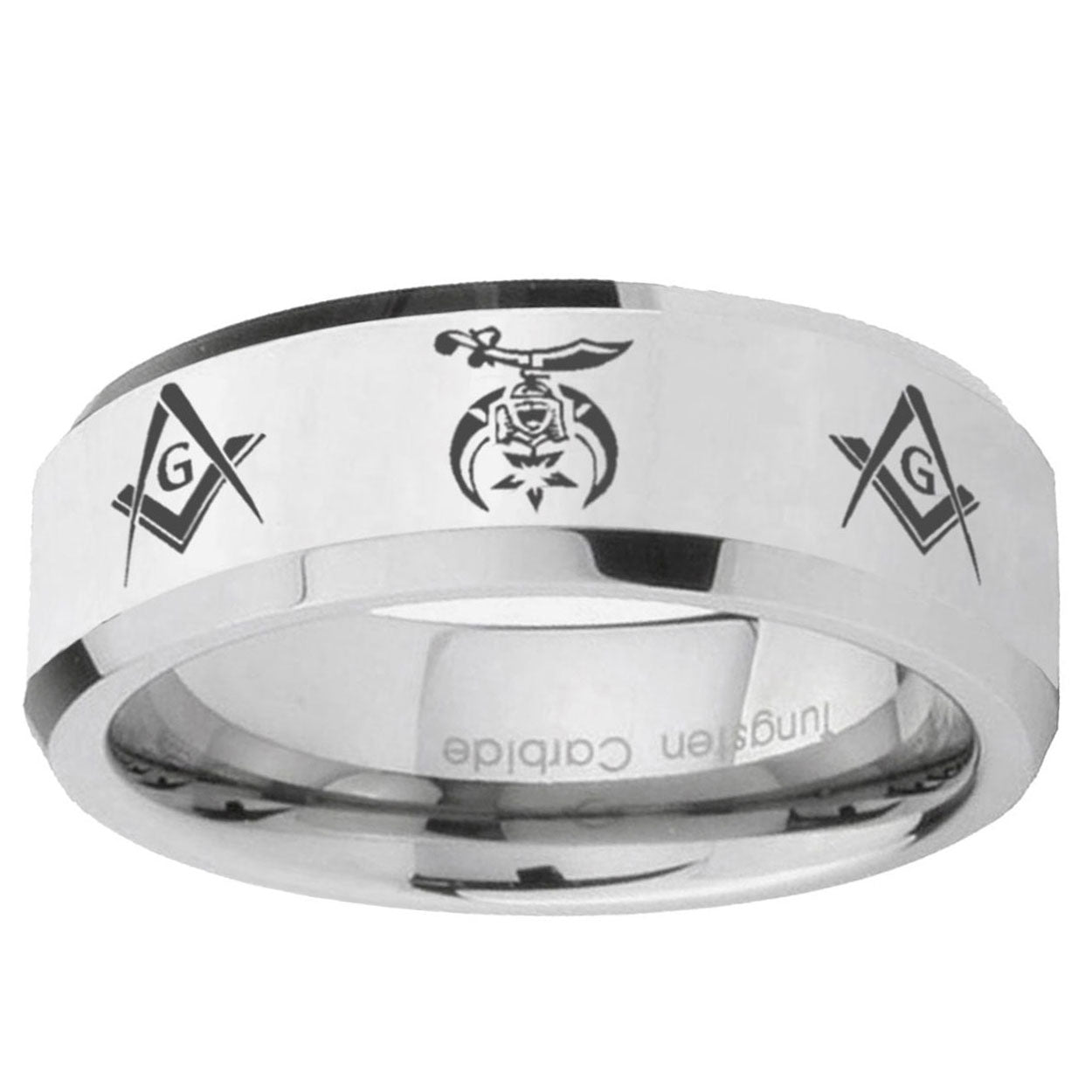 10mm Masonic Shriners Beveled Edge Silver Tungsten Ring