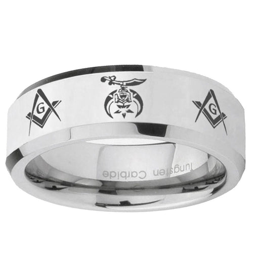 10mm Masonic Shriners Beveled Edge Silver Tungsten Ring