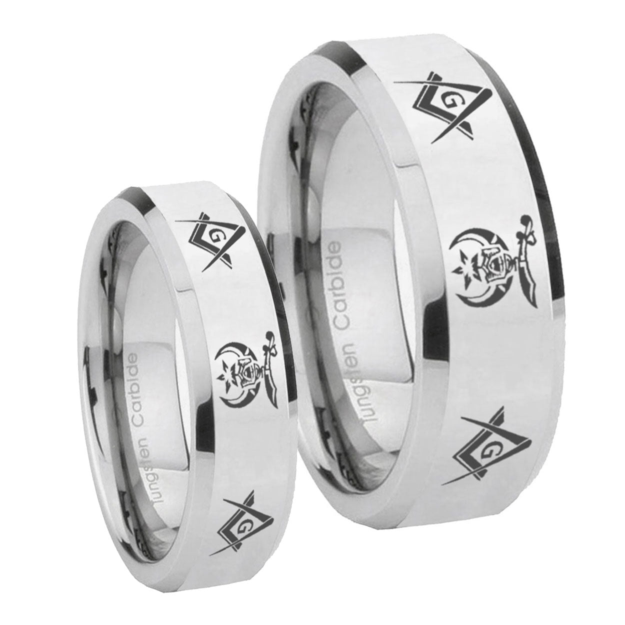 Masonic Shriners Beveled Edges Silver Tungsten Couples Ring Set