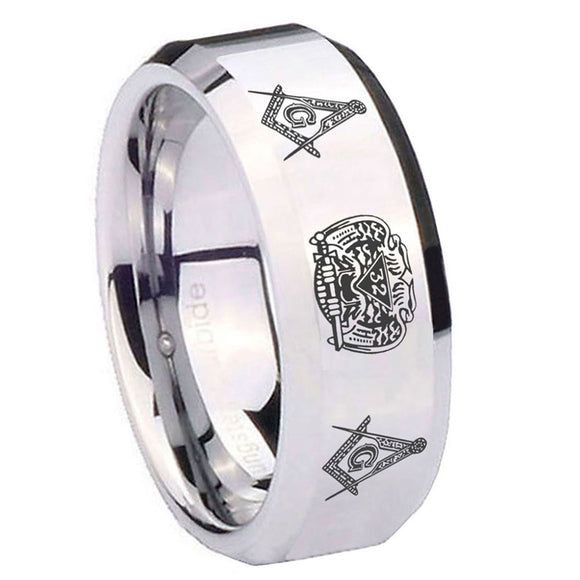10mm-Masonic-32-Design-Beveled-Edges-Silver-Tungsten-Carbide-Mens-Ring