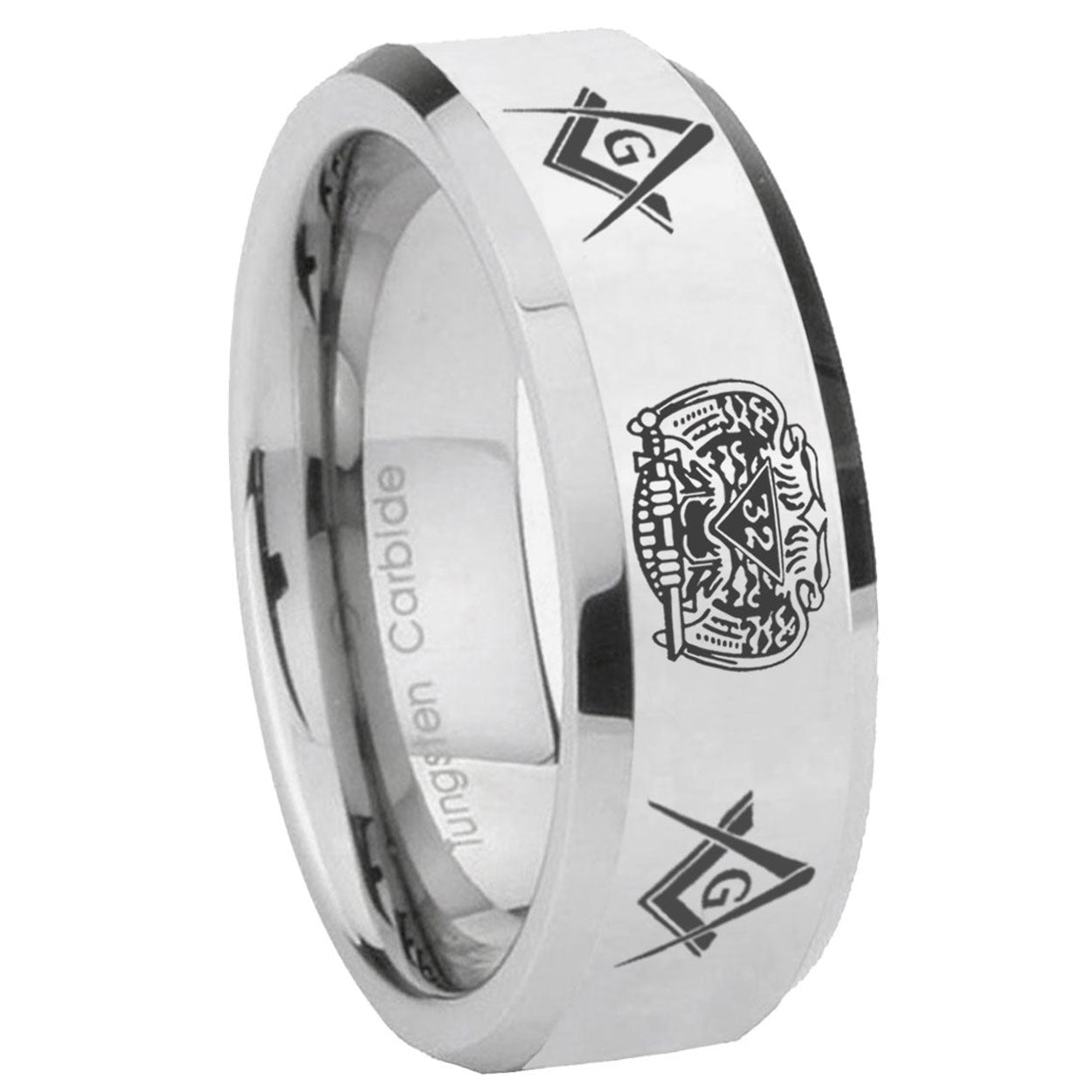 10mm Masonic 32 Design Beveled Edges Silver Tungsten Carbide Mens Ring