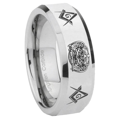 10mm Masonic 32 Design Beveled Edges Silver Tungsten Carbide Mens Ring