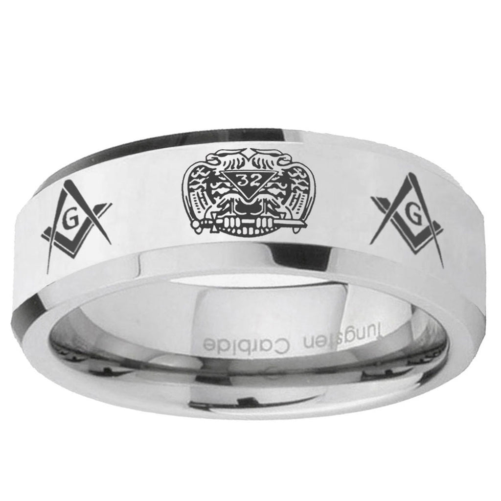 10mm Masonic 32 Design Beveled Edge Silver Tungsten Carbide Mens Ring