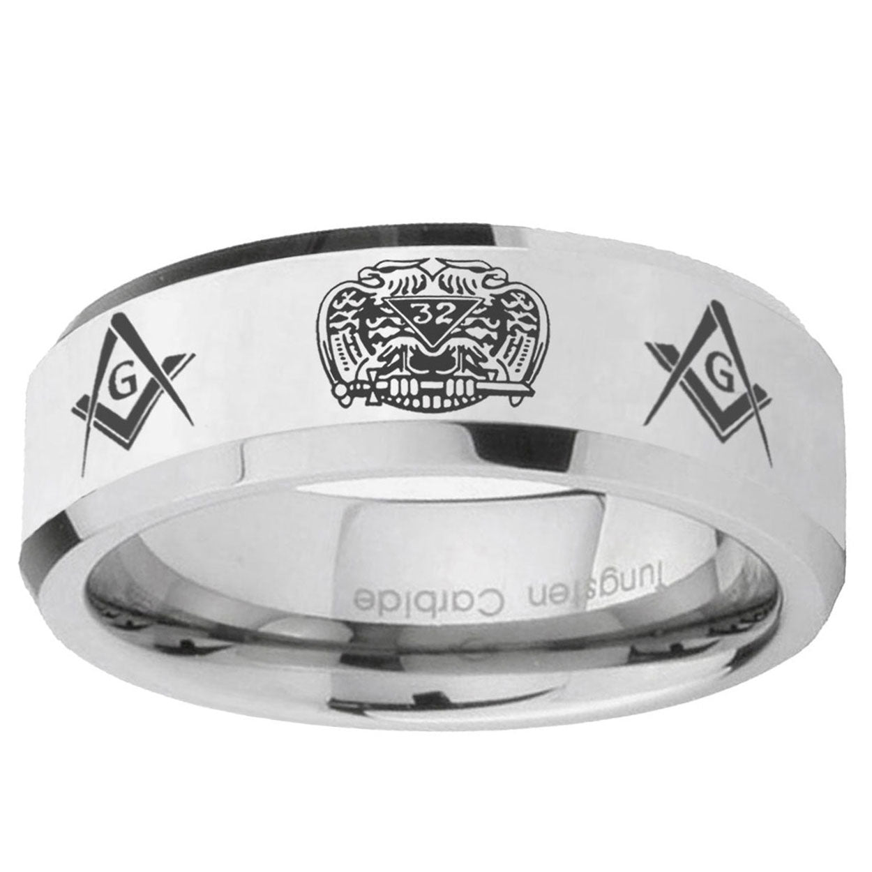 10mm Masonic 32 Design Beveled Edge Silver Tungsten Carbide Mens Ring