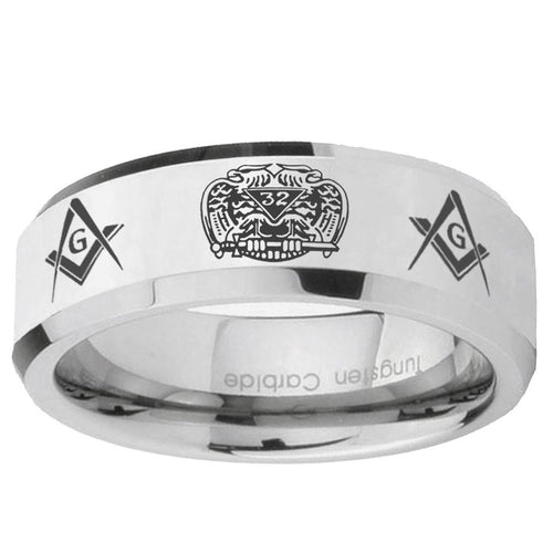 10mm Masonic 32 Design Beveled Edge Silver Tungsten Carbide Mens Ring