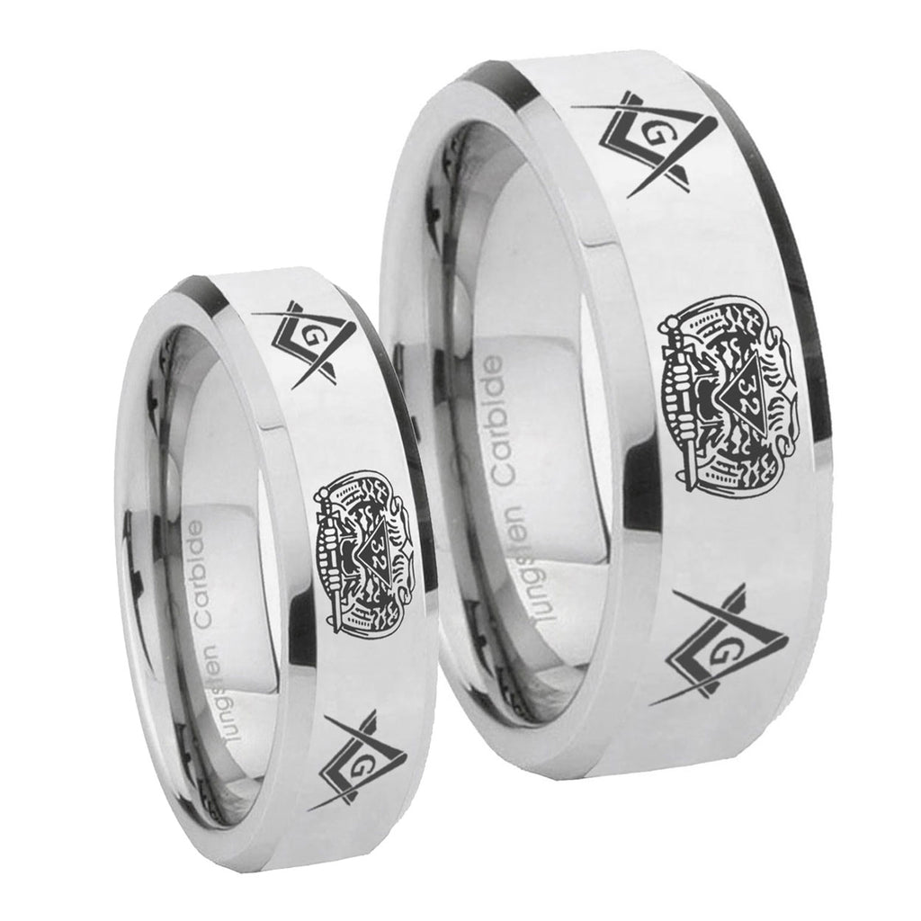 Masonic 32 Design Beveled Edges Silver Tungsten Promise Ring Set