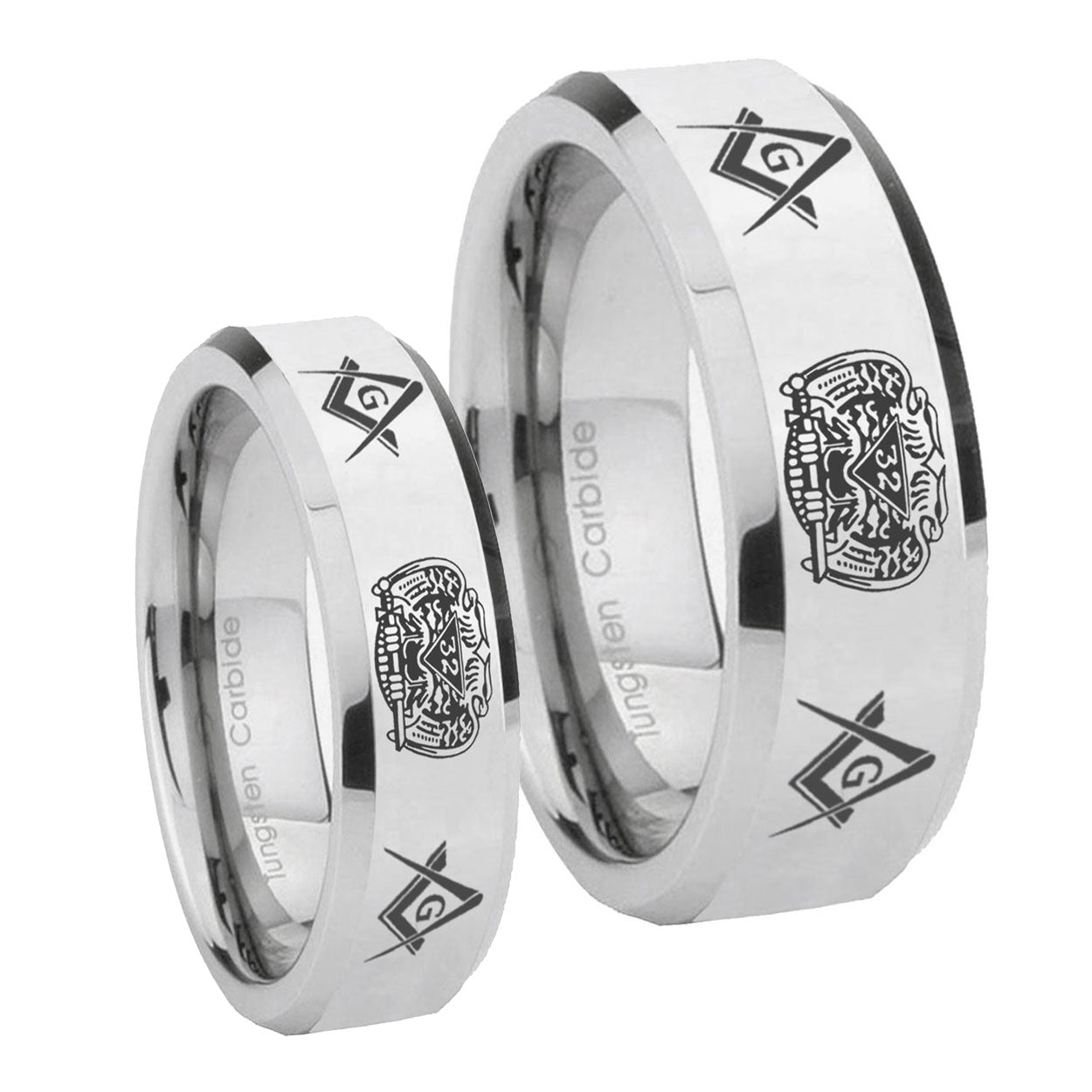 Masonic 32 Design Beveled Edges Silver Tungsten Promise Ring Set
