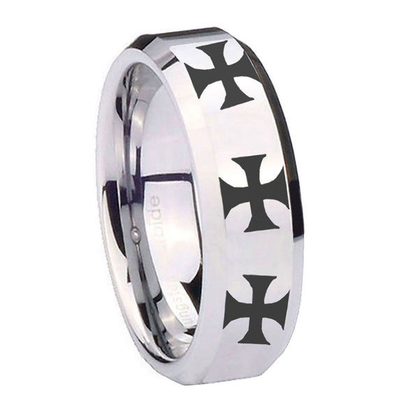 10mm-Multiple-Maltese-Cross-Beveled-Edges-Silver-Tungsten-Mens-Wedding-Band
