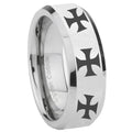 10mm Multiple Maltese Cross Beveled Edges Silver Tungsten Mens Wedding Band