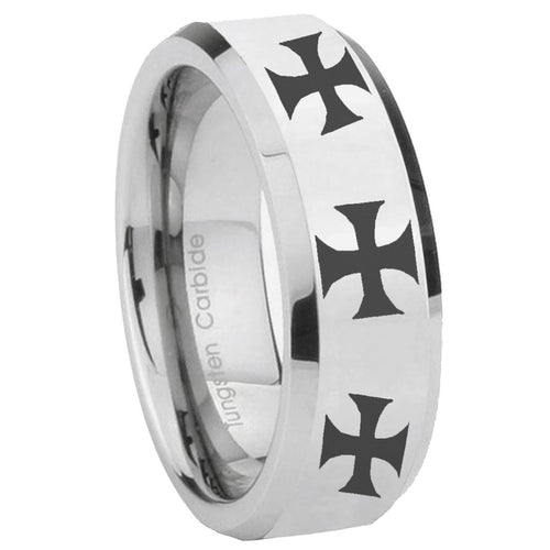 10mm Multiple Maltese Cross Beveled Edges Silver Tungsten Mens Wedding Band