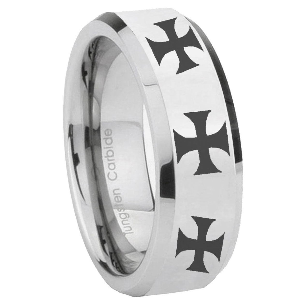 8MM Multiple Maltese Cross Bevel Polish Silver Tungsten Wedding Band
