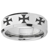 10mm Multiple Maltese Cross Beveled Edge Silver Tungsten Mens Wedding Band
