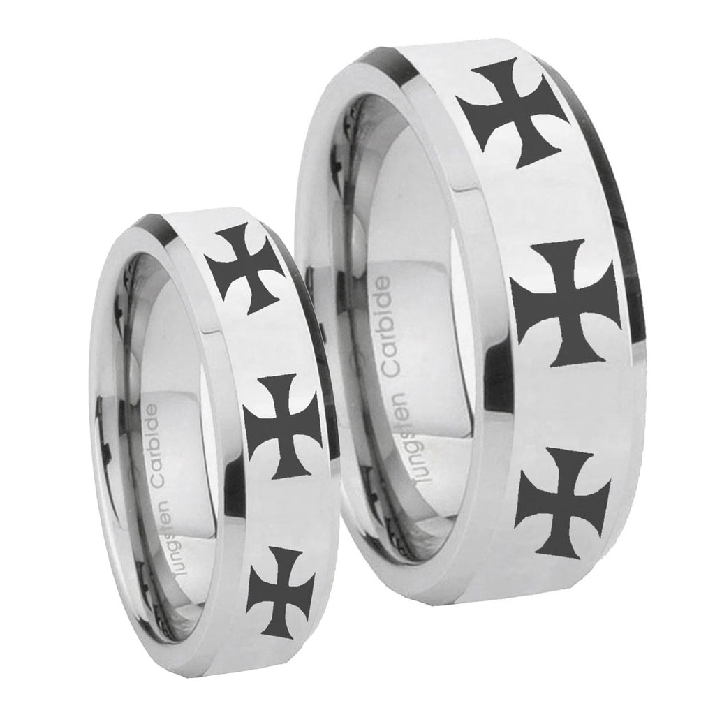 Multiple Maltese Cross Beveled Silver Tungsten Bridal Ring Set