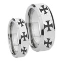 Multiple Maltese Cross Beveled Silver Tungsten Bridal Ring Set