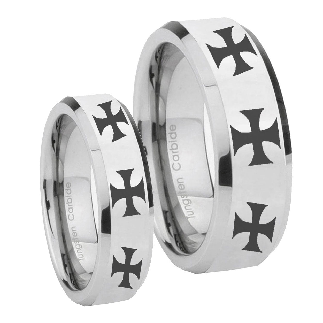 Multiple Maltese Cross Beveled Silver Tungsten Bridal Ring Set