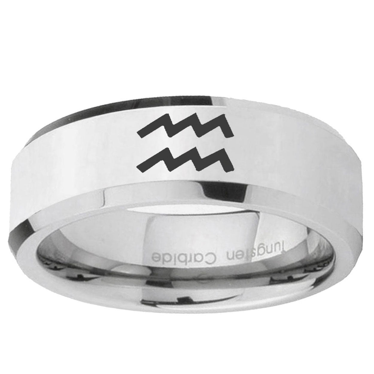 10mm Aquarius Horoscope Beveled Edge Silver Tungsten Ring