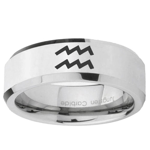 10mm Aquarius Horoscope Beveled Edge Silver Tungsten Ring