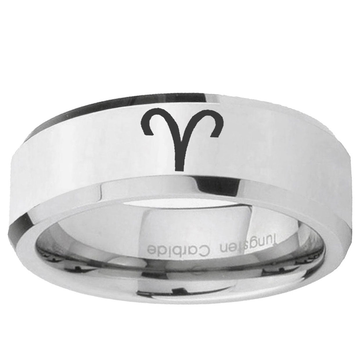 10mm Aries Zodiac Beveled Edge Silver Tungsten Ring