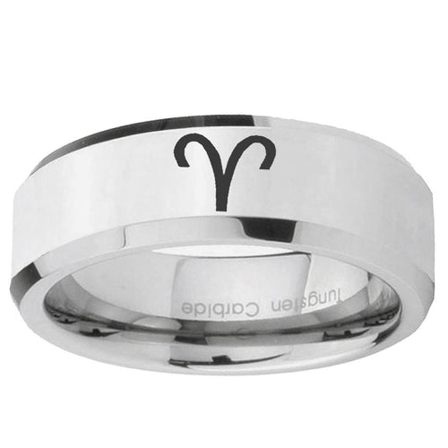 10mm Aries Zodiac Beveled Edge Silver Tungsten Ring