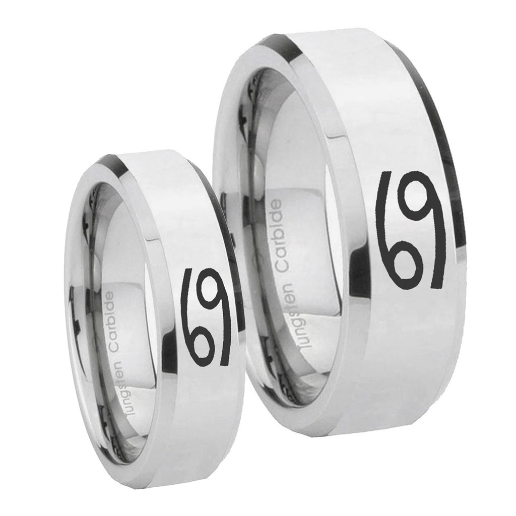 Cancer Horoscope Beveled Edges Silver Tungsten Wedding Band Set