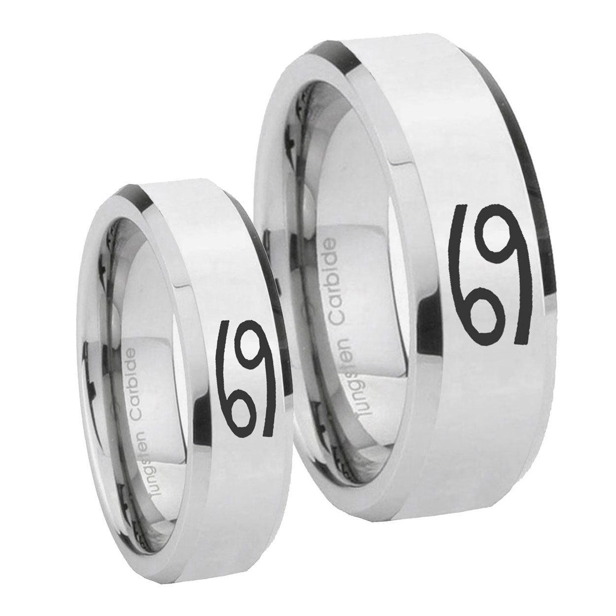 Cancer Horoscope Beveled Edges Silver Tungsten Wedding Band Set