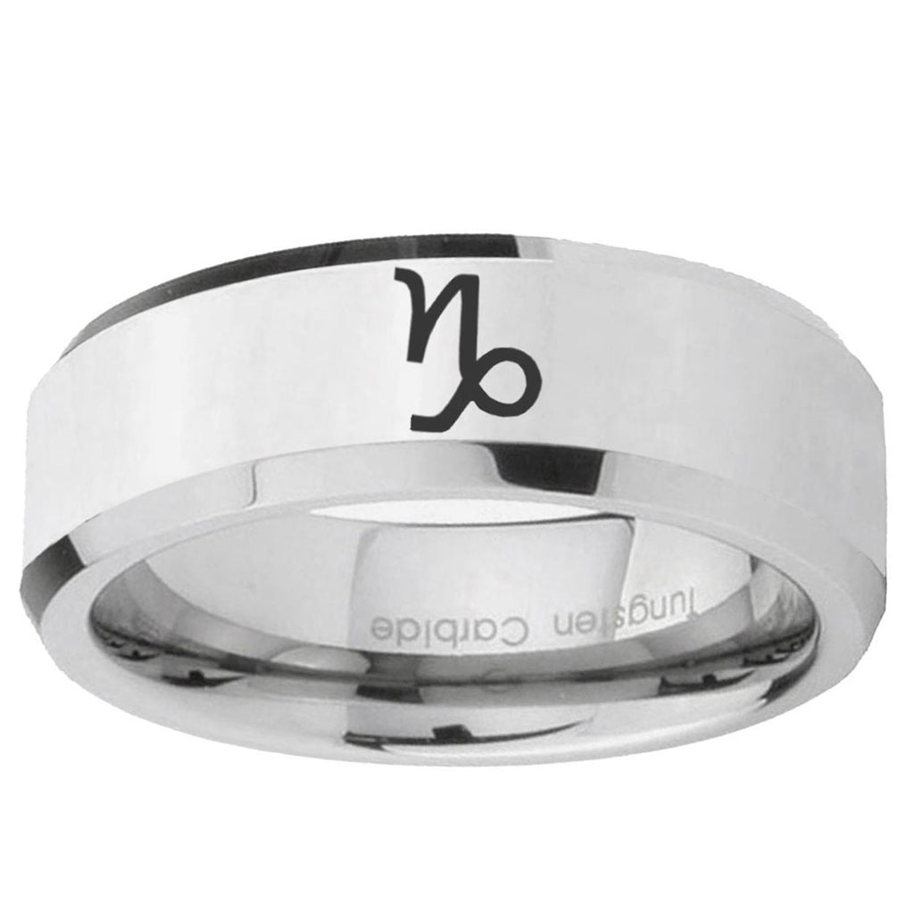 10mm Capricorn Zodiac Beveled Edge Silver Tungsten Mens Engagement Ring