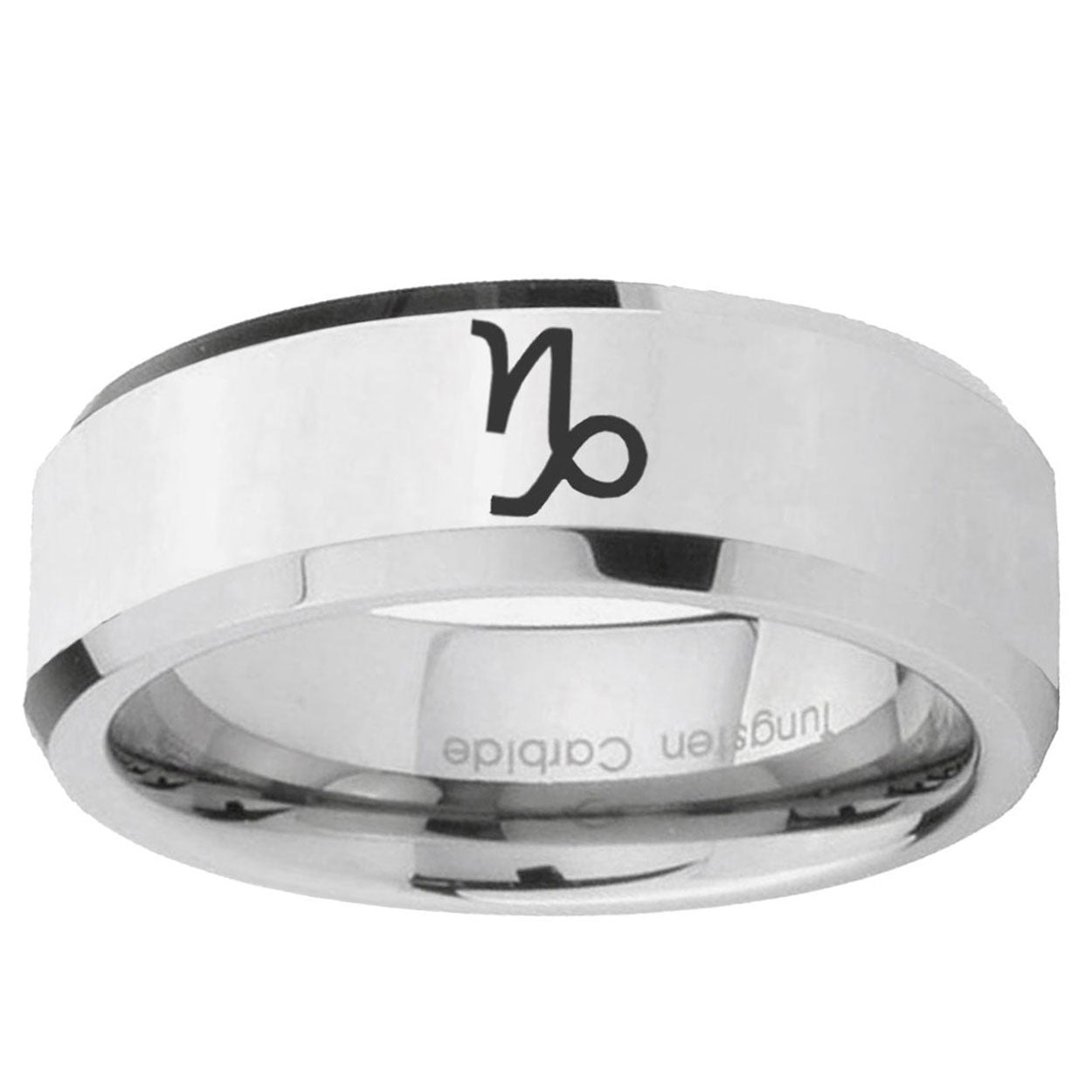 10mm Capricorn Zodiac Beveled Edge Silver Tungsten Mens Engagement Ring