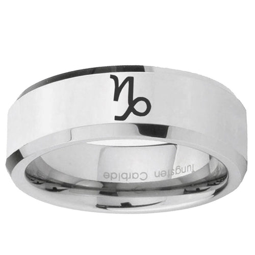10mm Capricorn Zodiac Beveled Edge Silver Tungsten Mens Engagement Ring