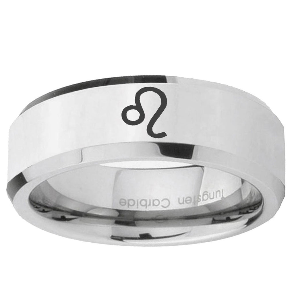 10mm Leo Zodiac Beveled Edge Silver Tungsten Ring