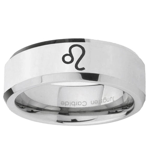10mm Leo Zodiac Beveled Edge Silver Tungsten Ring