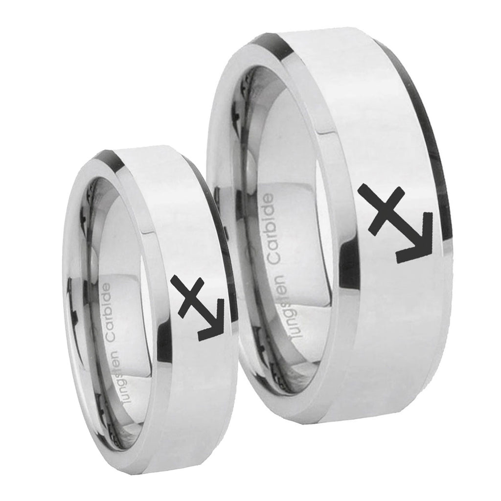 Sagittarius Zodiac Beveled Edges Silver Tungsten Matching Ring Set