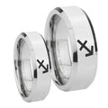 Sagittarius Zodiac Beveled Edges Silver Tungsten Matching Ring Set