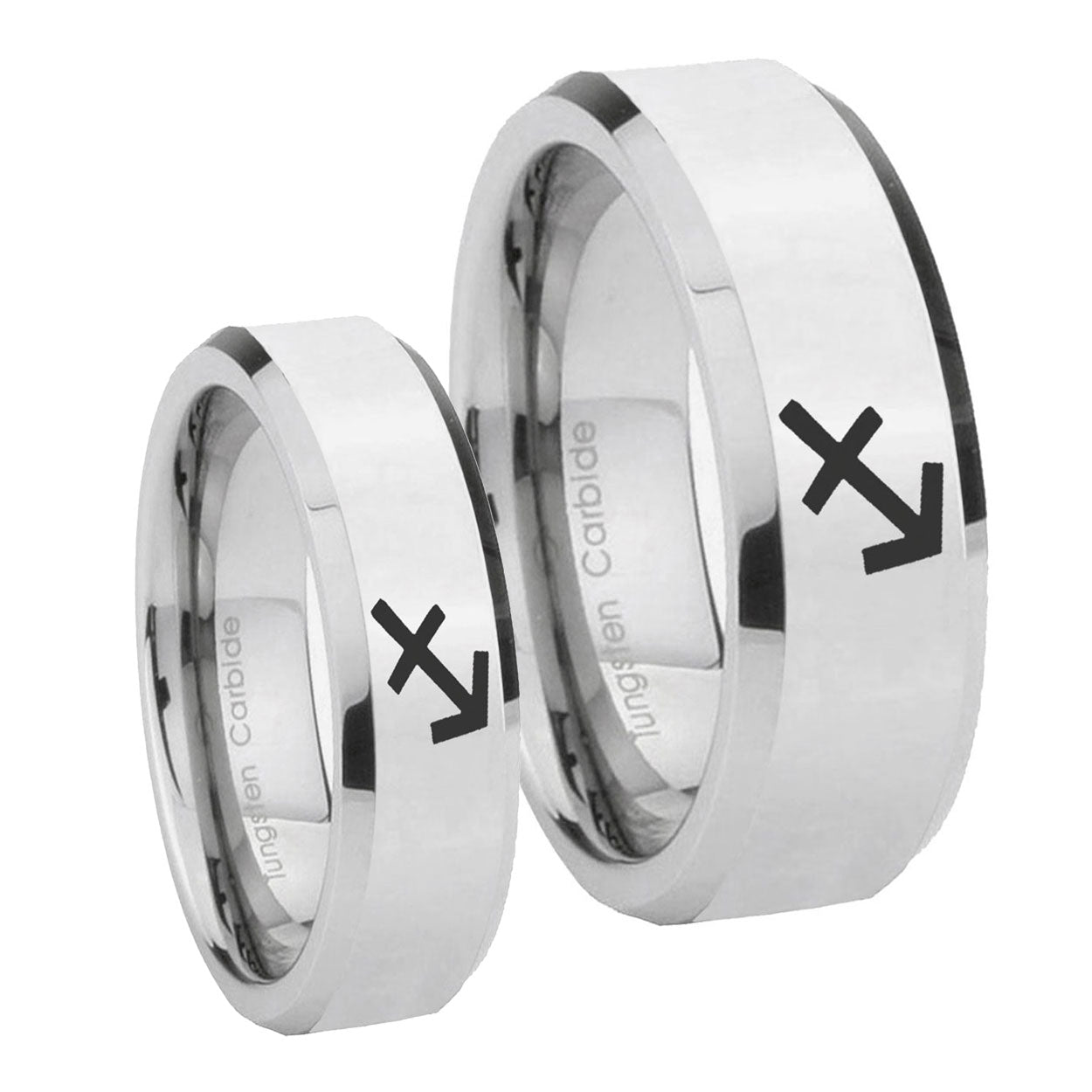 Sagittarius Zodiac Beveled Edges Silver Tungsten Matching Ring Set