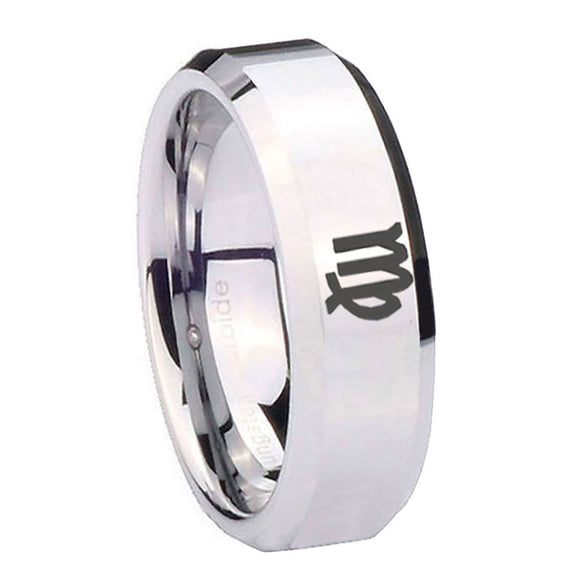 10mm-Virgo-Zodiac-Beveled-Edges-Silver-Tungsten-Carbide-Mens-Wedding-Band
