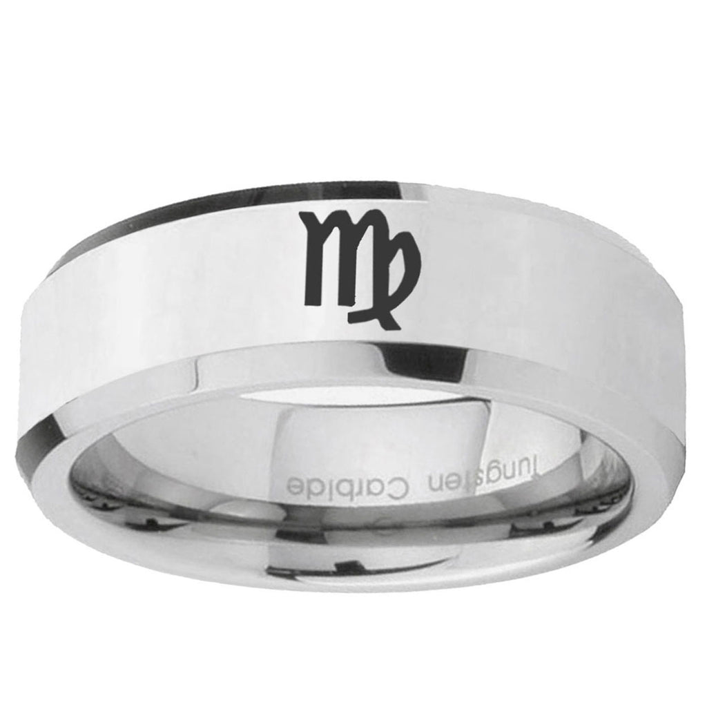 10mm Virgo Zodiac Beveled Edge Silver Tungsten Ring