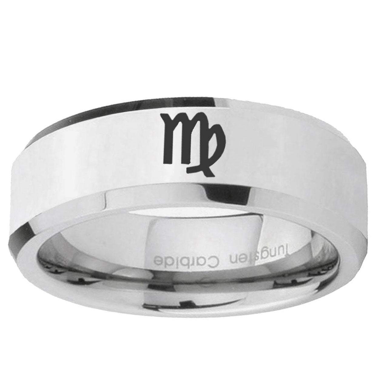 10mm Virgo Zodiac Beveled Edge Silver Tungsten Ring