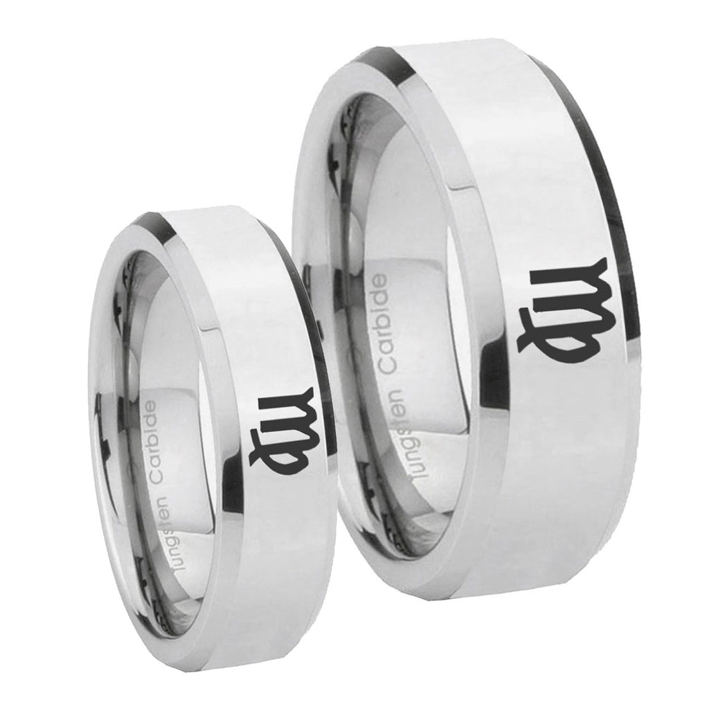 Virgo Zodiac Beveled Edges Silver Tungsten Wedding Set Ring