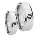 Virgo Zodiac Beveled Edges Silver Tungsten Wedding Set Ring
