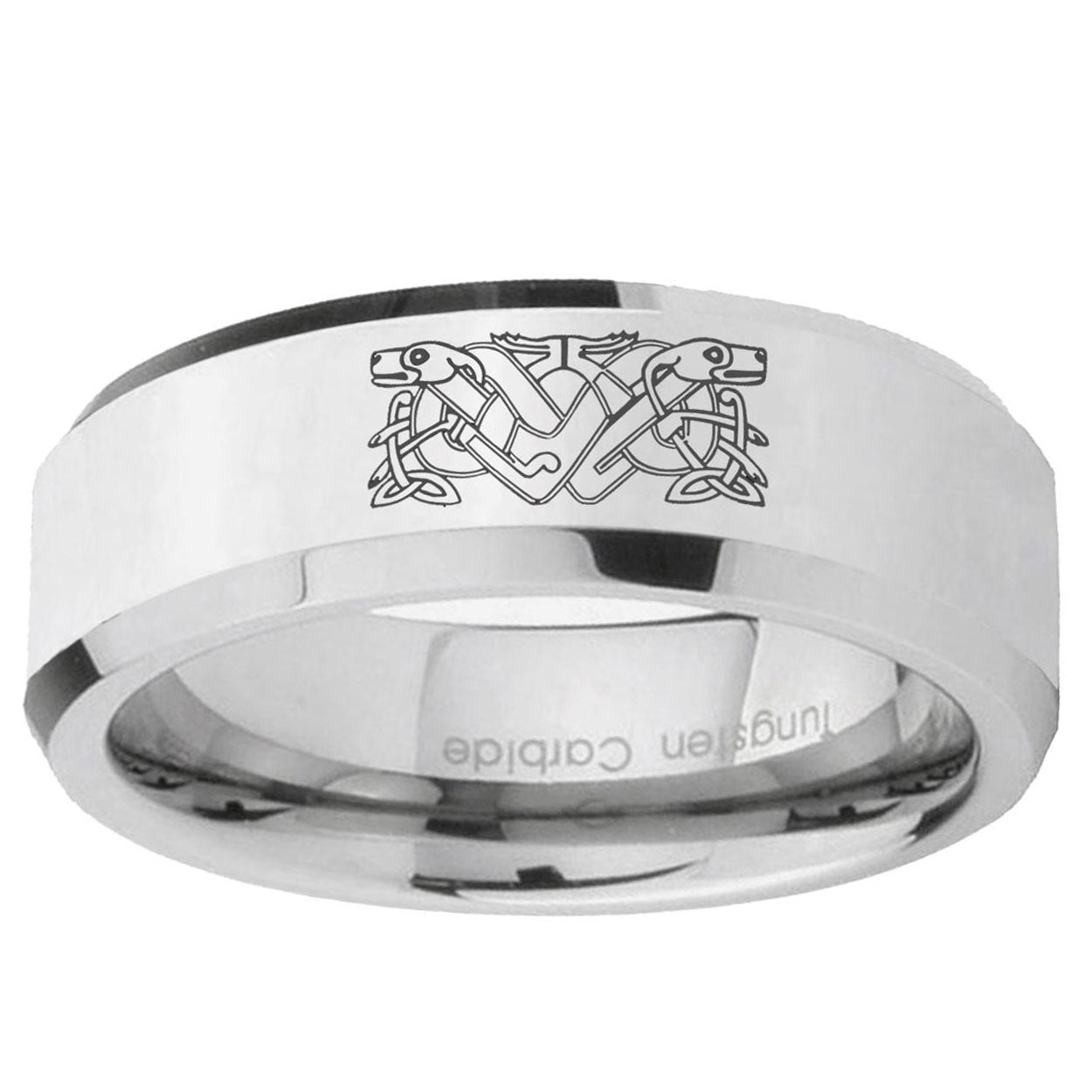 10mm Celtic Dog Beveled Edge Silver Tungsten Ring