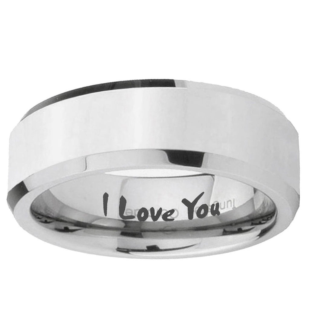 10mm I Love You Beveled Edge Silver Tungsten Ring