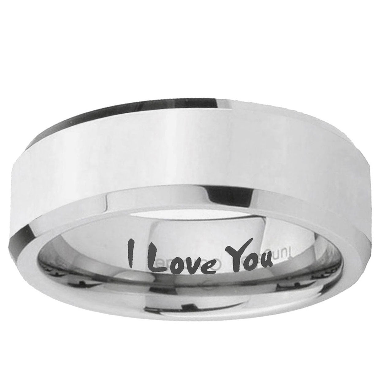 10mm I Love You Beveled Edge Silver Tungsten Ring