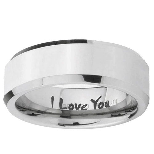 10mm I Love You Beveled Edge Silver Tungsten Ring
