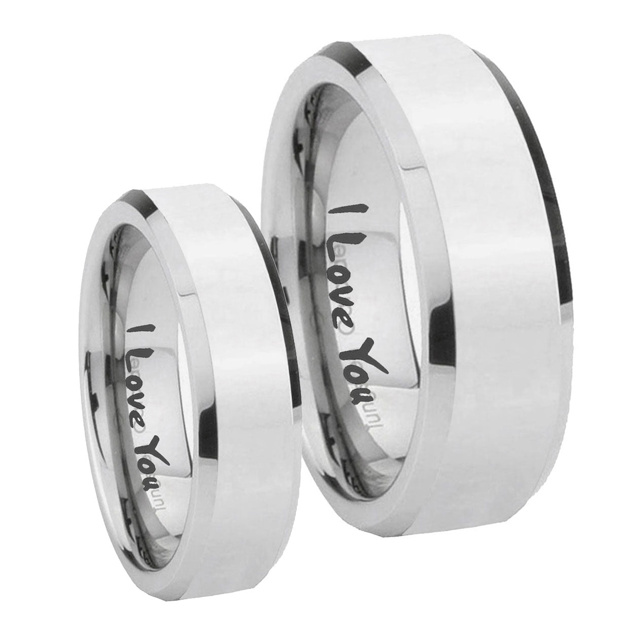 I Love You Beveled Edges Silver Tungsten Couple Band Set